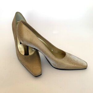 Stuart Weitzman Womans Size 5 1/2 B Gold Satin Square Toe Pumps High Heel Shoes